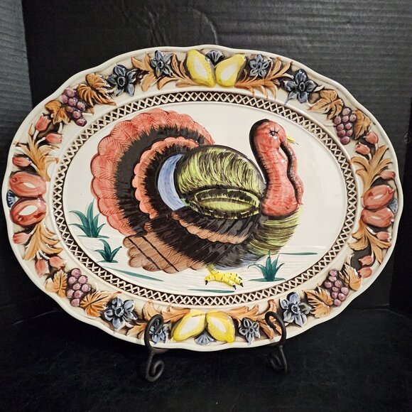 Large Vintage Decorative Turkey Platter, Thanksgiving, Holiday, Serving Platter - Picture 1 of 10